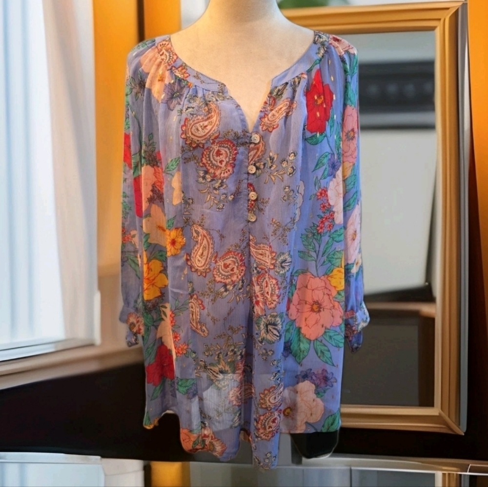 Floral Blue, Red And Gold Sheer Boho Women's Top